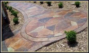 Stamped Concrete Flagstone Circle and Walkway with Acid Stain