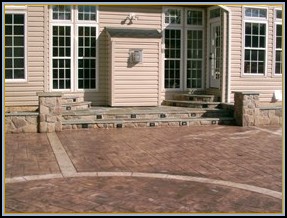 Stone Walls, Flagstone Steps with Built in Lights, Stamped Ashler Slate Patio with Borders